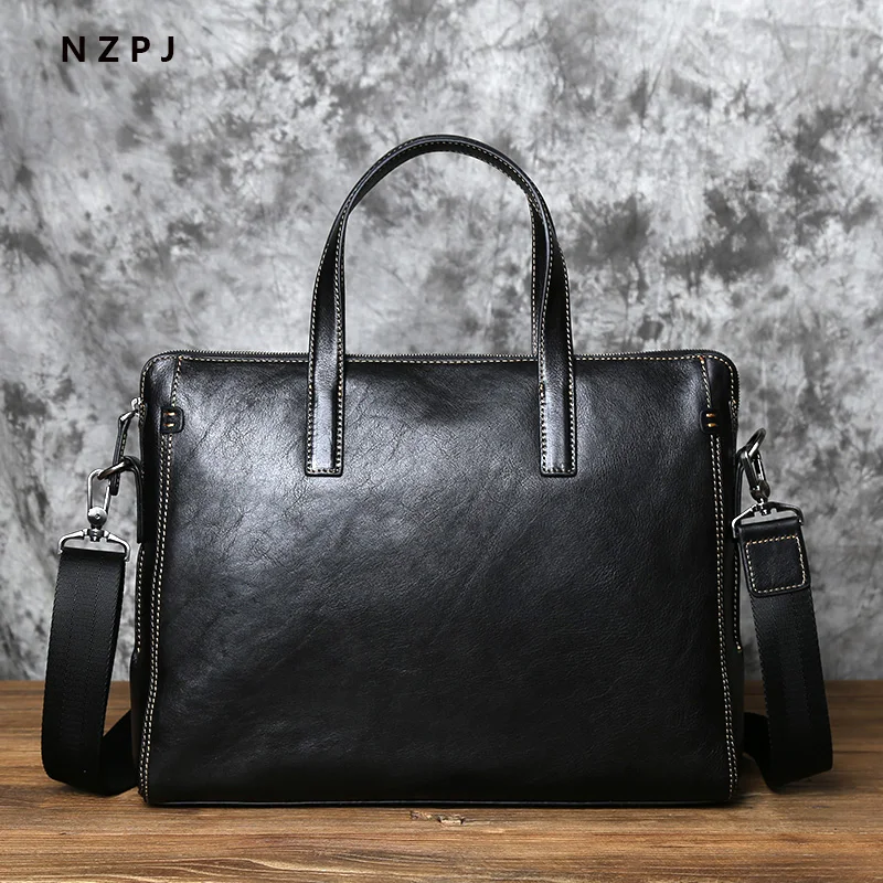 NZPJ Men Leather Handbag First Layer Cowhide Business Computer Bag Large-capacity One-shoulder Messenger Bag for 14 Inch Laptop