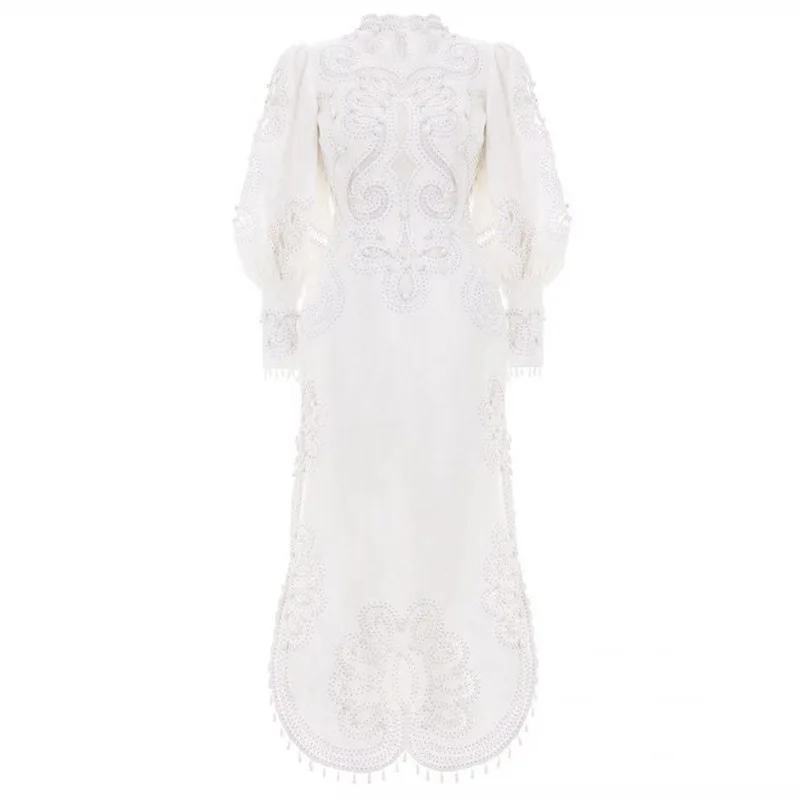 Cakucool, высококачественное белое платье, подиум, брендовый дизайн, длинный рукав-фонарик, вышивка, Vestido, кружевные, с вырезами, вечерние, длинные платья