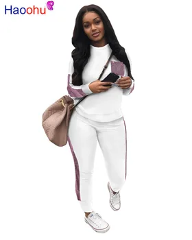 

HAOOHU Sequin Splice Tracksuit Two Piece Set Women Festival Clothes Long Sleeve Top Pant Sweat Suits 2 Piece Matching Outfits