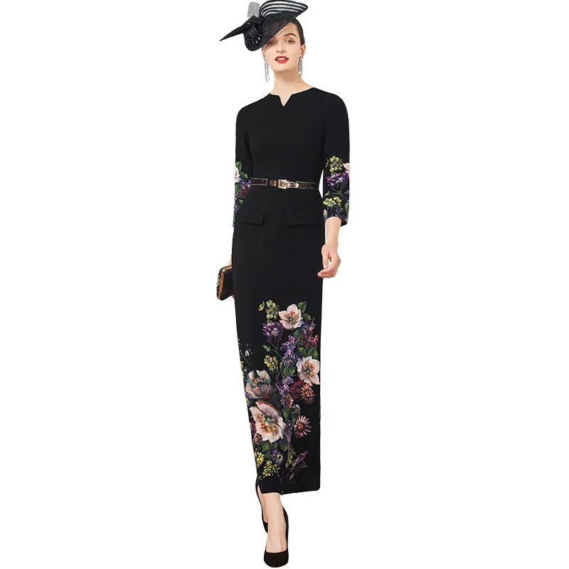 High Quality Autumn Slit Long Dress Black Three Quarter Straight Printed Dresses Party Evening Women Clothing DZ2325 | Женская одежда