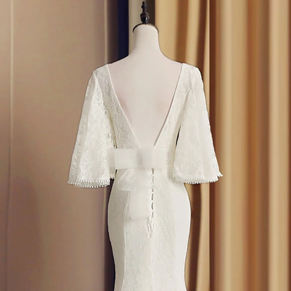 Кружевное на заказ свадебные платья русалки Robe De Mariee Sirene с полурукавом и вырезом на спине Свадебные платья Abito Sposa