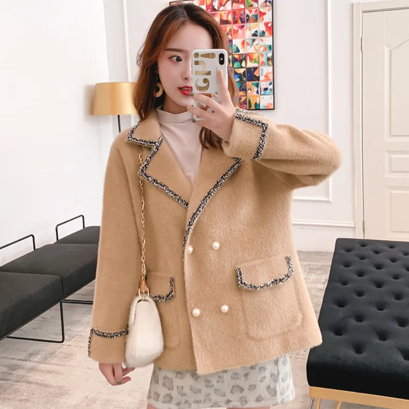[EWQ] Autumn New Sweet Full Sleeve Turn-down Collar Loose Short Cashmere Coats Korean Winter Thick Warm Woolen Coat QL551