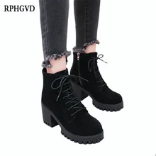 Женские ботинки martin; коллекция года; сезон осень-зима; новые Замшевые женские ботинки на шнуровке в стиле ретро; однотонные ботильоны на высоком каблуке с круглым носком