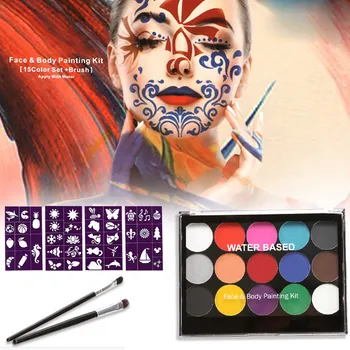 

15 Color Face Painting Body Makeup Paint with 2 Painting Brush 4 Sheet Design Stencils for Cosplay Party Makeup Safe Water Paint