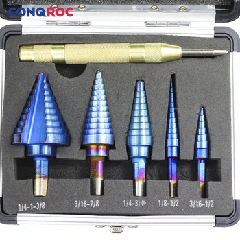 

5 Pieces Imperial Sizing HSS Step Drill Bit with 130mm Center Punch Blue Color Coating Pagoda Drill Bits Kit with Metal Case
