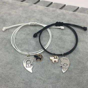 

New Couple Bracelet for Women and Men Silver Heart Cute Cat Pendant Bracelets Adjustable Rope Chain Gifts for Lovers Girls