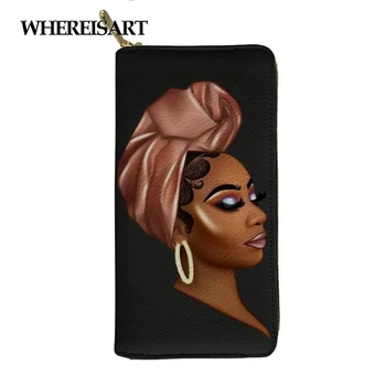 

WHEREISART Black African American Magic Girl Women Wallets Long Female Ladies Clutch Purse Art Leather Coin Purse Card Holder