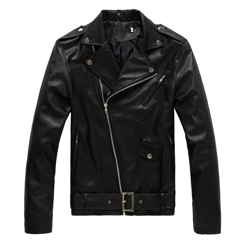 Belt Leather Jacket Men Motorcycle Biker Faux PU Leather Coat New Design Zipper Black White Slim Jackets and Coats Windbreaker