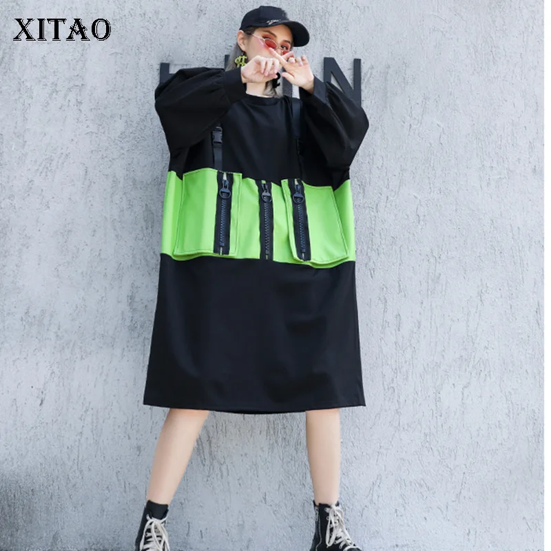 XITAO/платье с высокой талией, большие размеры, женская мода, новинка, Осенний пуловер в стиле пэчворк, Элегантное маленькое свободное платье GCC2271