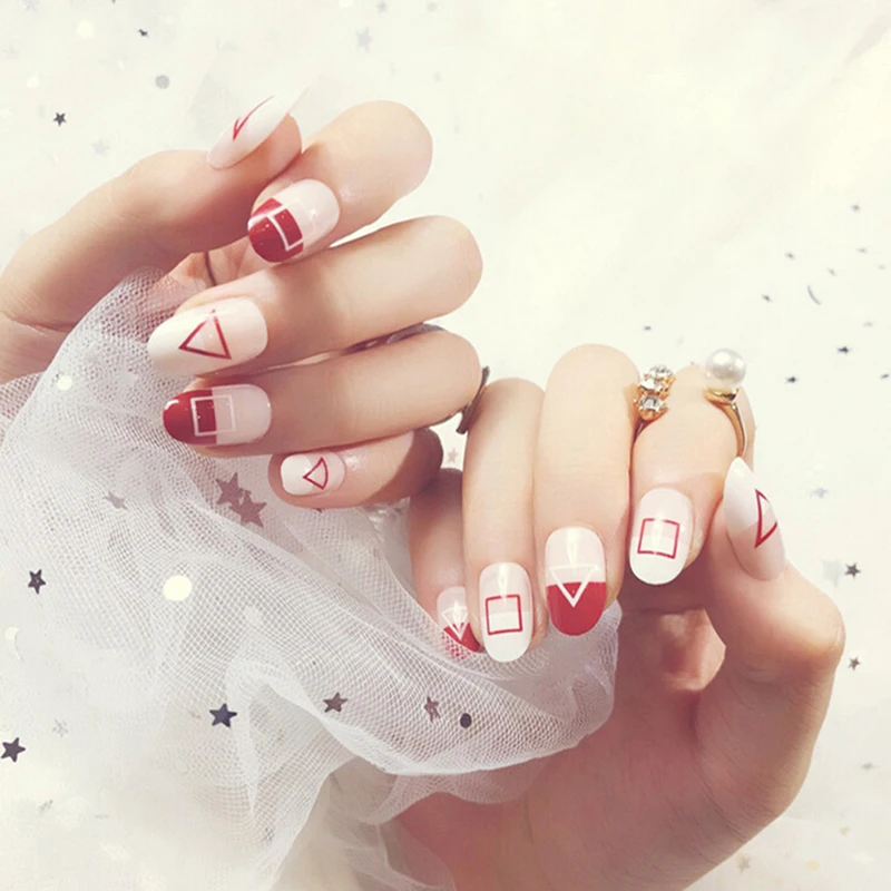 Струйное модное изделие 24 шт./компл. Ложные Полный Накладные ногти DIY Инструменты для ногтей твердые акриловые шарики в белую и красную полоску Маникюр вечерние подарок Красота