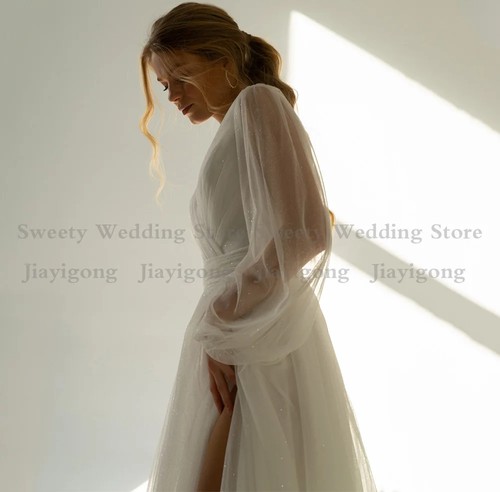 Jiayigong Glitter Tulle Wedding Dresses Women's Boho Bridal Gowns Long Sleeves V Neck Pleat Lace-up Corset  Dress 2022 3
