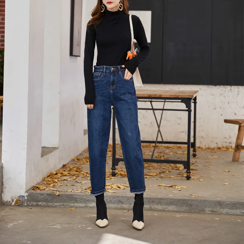 Autumn and winter women's jeans casual solid color high waist stretch loose jeans