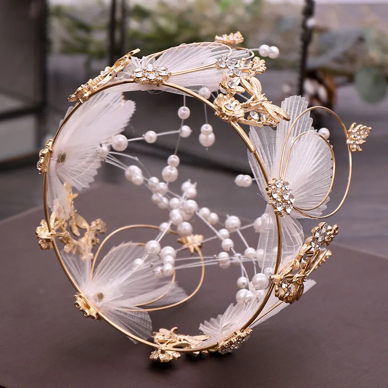New Exquisite Luxury White Feather Design Alloy Round Crown Large Earrings Jewelry Sets Zircon Imitation Pearl Decore Tiaras