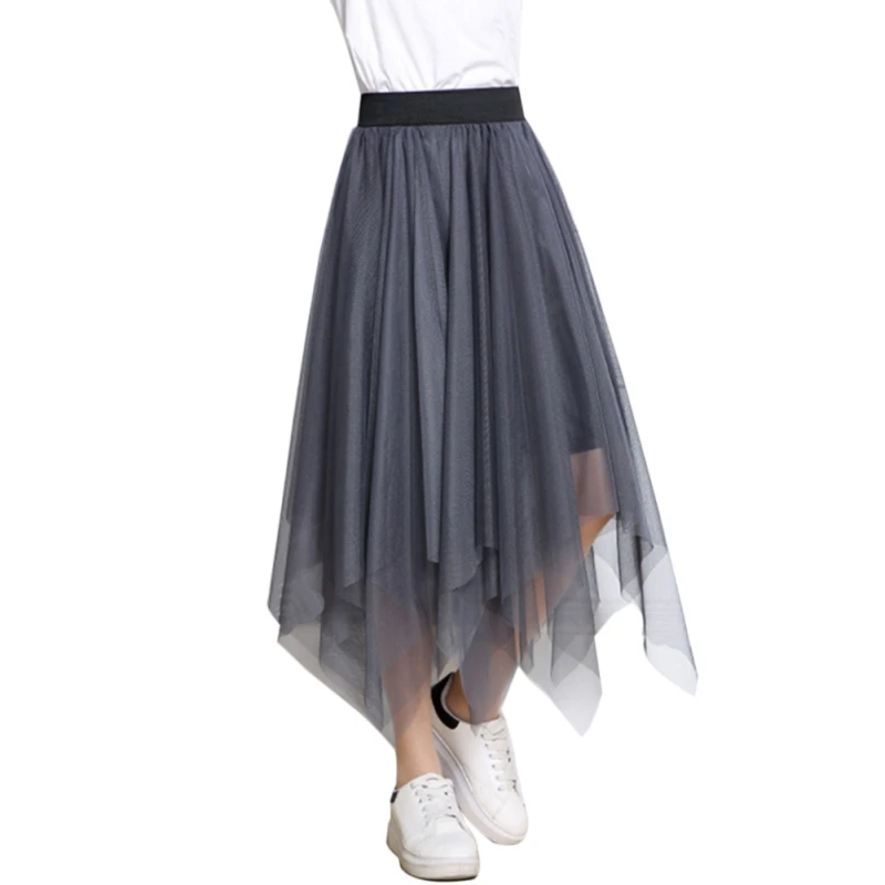 

Summer Skirt Irregular Mesh Falda Solid Elastic Waist Large Swing Half-Length Gray Temperament One Size Female Jupe Longue