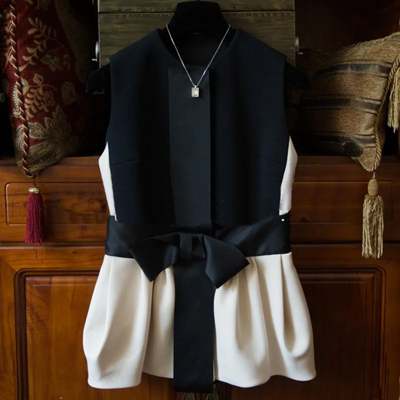 

Autumn 2019 New Women's Attire Temperament Stitching Thin Bow Knot Pendulum Waistcoat Black Long Vest Coat