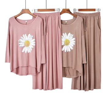 

Plus Size Women's Spring Summer Modal Soft Pajamas Suit Round Neck Long Sleeve Loose Ladies Sleepwear Home Service women