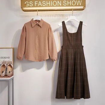 

Peter Pan Collar Blouse Casual Plaid Dresses Women Autumn Preppy Style Loose Plus Size Vintage 2 Piece Outfits Clothing