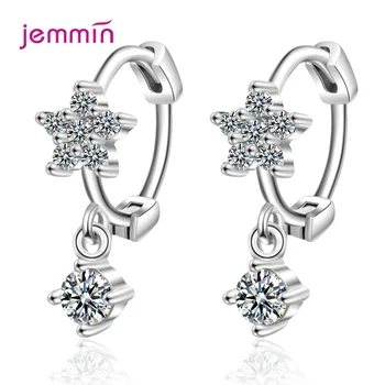 

Flower Shape Hoop Earrings Paved With Shiny Crystal High Quality Genuine 925 Sterling Silver Earrings For Women Girls Wedding