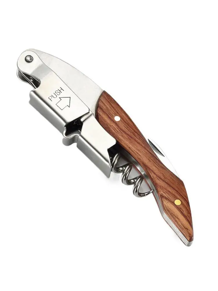 Stainless Steel Corkscrew Wine Key Beer Bottle Opener Foil Cutter Wood