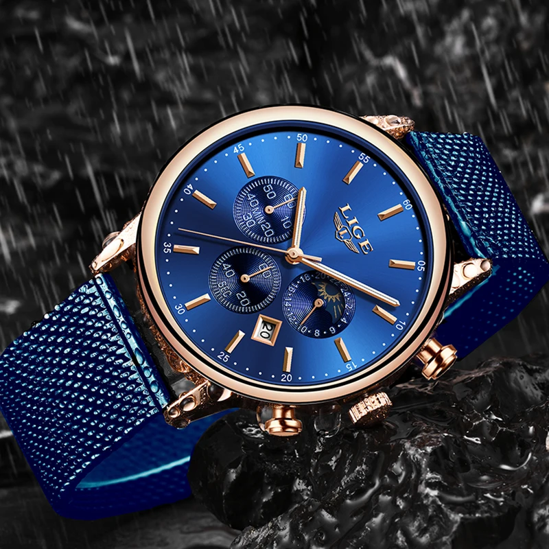 Tanie 2019 nowy LIGE niebieski swobodna siateczka pas moda złoty zegarek kwarcowy męskie zegarki Top marka luksusowy wodoodporny zegar Relogio Masculino