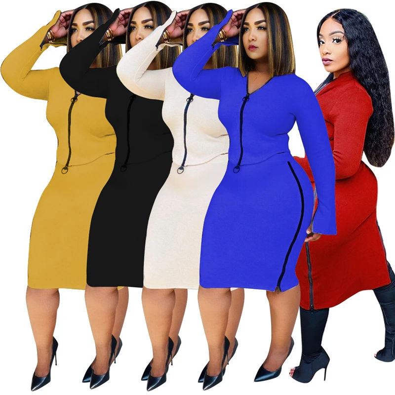

RStylish Solid 2 Piece Suits Women Long Sleeve Zipper Sweater Bodycon Midi Skirt Set Ribbed Activewear Tracksuit Fitness Outfits