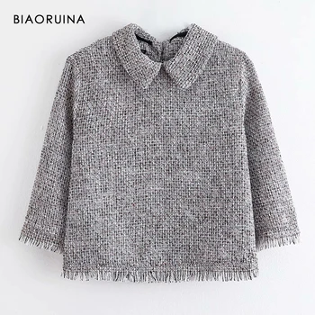 

BIAORUINA Women's Tweed Tassels Short Jacket Turn-down Collar Female Korean Style Casual Coat Fashion Outerwear 3/4 Sleeve