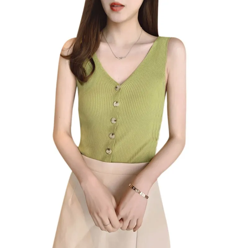 Зеленый ETOSELL женские сексуальные v-образные вырезы Твердые Трикотажные дикие тонкие резервуары однобортные без рукавов женские модные топы - Цвет: Зеленый