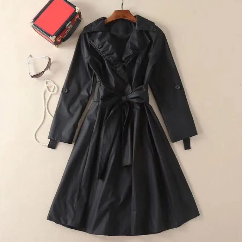 

Red RoosaRosee Designer Women European Autumn Turn-over Collar Long Sleeve Black Trench 2019 Lace-up Windbreaker Office Lady New
