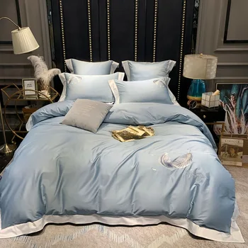

Factory Direct 60 Long-Staple Cotton Embroidery Four-Piece Simple Fashion Solid Color Feather Embroidery 100% Cotton Bedding