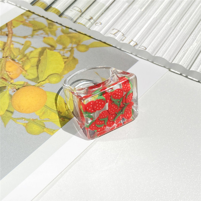 Korea Colorful Fashion Resin Fruit Ring Set Metal Geometric Irregular Open Rings for Women Party Wedding Jewelry Ring Set