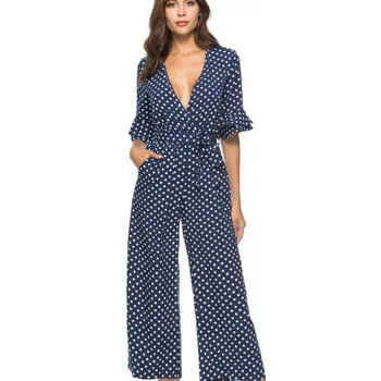 

Women Summer Fashion Boho OL Dot Jumpsuits Short Sleeve Belted Wide Leg Casual Loose Polka Jumpsuit Rompers Overalls