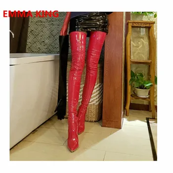 

Red Patent Leather Sexy Women Stilettos Thigh High Boots 2019 Winter Pointed Toe High Heels Knight Boots Side Zip Long Boots