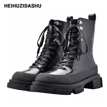 

Punk Style 2019 Black Women Ankle Boots Thick Heel Creepers Riding Boots Lace Up Autumn Botas Mujer Platform Boots Rubber Shoes