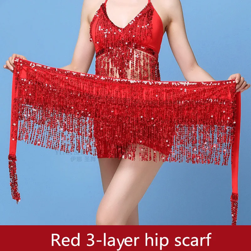 Red 3-layer Женская юбка для латинского танца живота аксессуары-кисточки побрякушки ремни для танца живота хип шарф с блестками пояс для танца живота хип шарф - Цвет: Red 3-layer