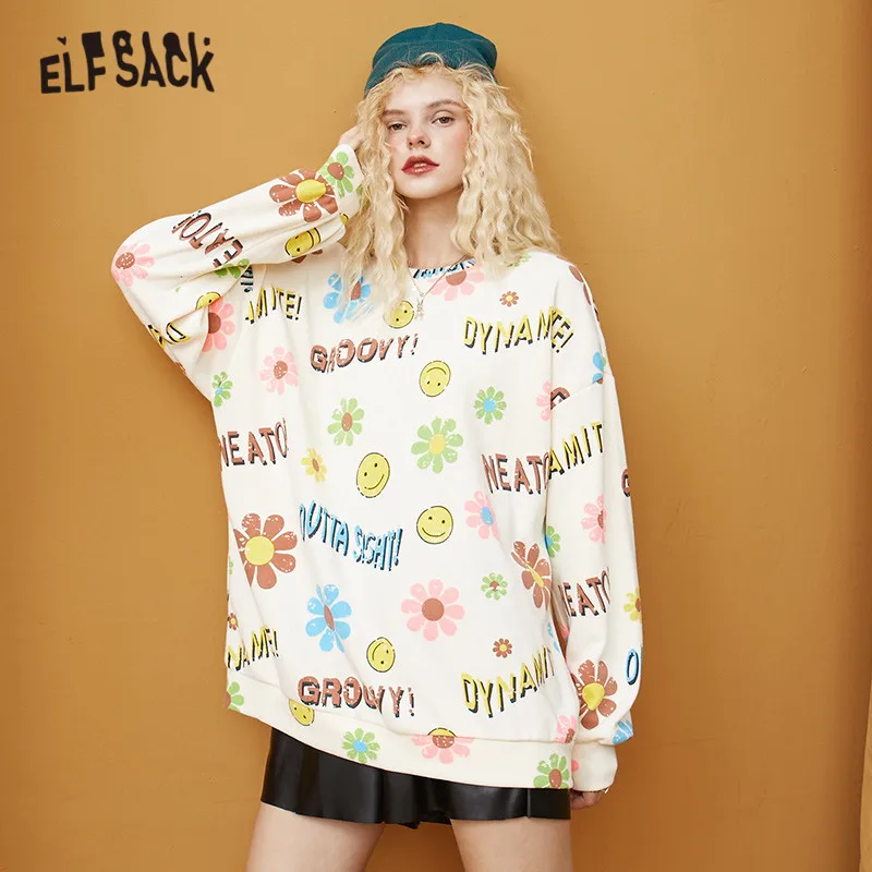 Женский Повседневный пуловер ELFSACK Harajuku белый оверсайз с графическим принтом