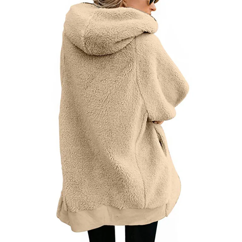  New Women Hoodies Zipper Girl Winter Loose Fluffy Hoodie Hooded Jacket Long Warm Outerwear Coat Cut