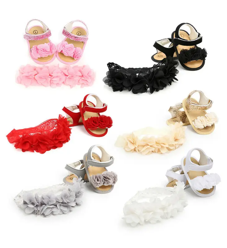 Г. Летняя одежда для малышей обувь с цветочным узором для новорожденных девочек повседневная Летняя обувь с мягкой подошвой и крючком+ повязка на голову, комплект из 2 предметов
