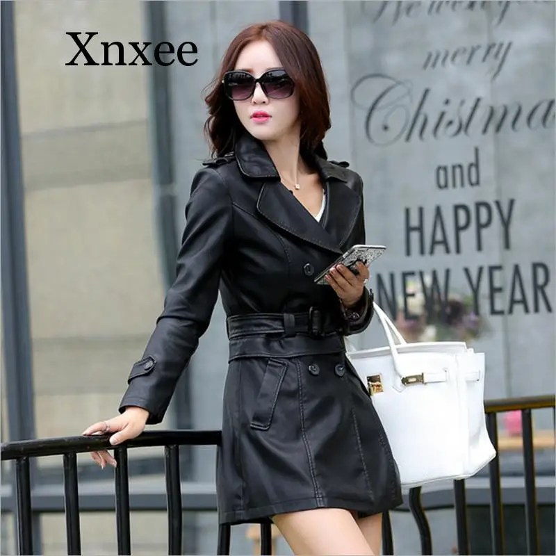 Elegant Vintage Red Women Long Leather Jacket Slim Plus Size Bow Belt Motorcycle PU Leather Long Jacket Coat Leather Trench