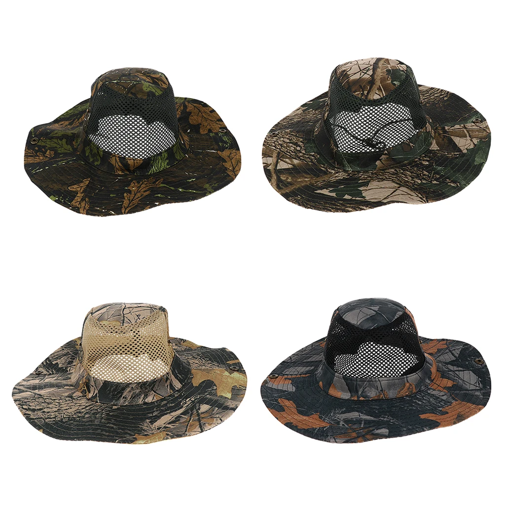 Camouflage Wide Brim Hat Fishing Bucket Bonnie Safari Sun Cap Windproof Polyester Fishing Caps for Women Men