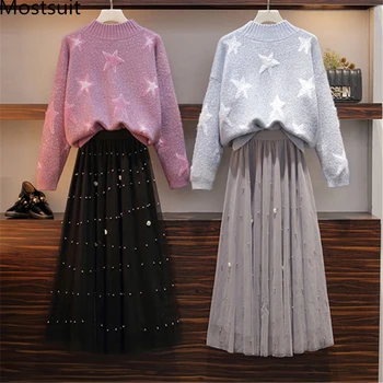 

2019 Autumn Winter 2 Piece Skirt Set Women Stars Jacquard Sweater Pullover + Beading Pleated Long Skirt Suits Fashion Korean Set