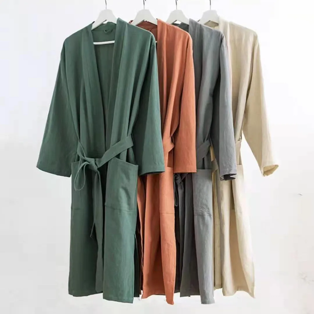 Simple Lovers Robe Bathrobes Solid Women's 70%Cotton 30%Linen Kaftan Sleeprobe Men's Japanese Kimono Gown Loose Home Clothes