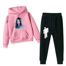 Billie Eilish принтами детская одежда длинный теплый жакет для девочки; Зимние толстовки с капюшоном для девочек+ брюки 2 шт./компл. для мальчиков-подростков, повседневная одежда, детский тренировочный костюм, комплект