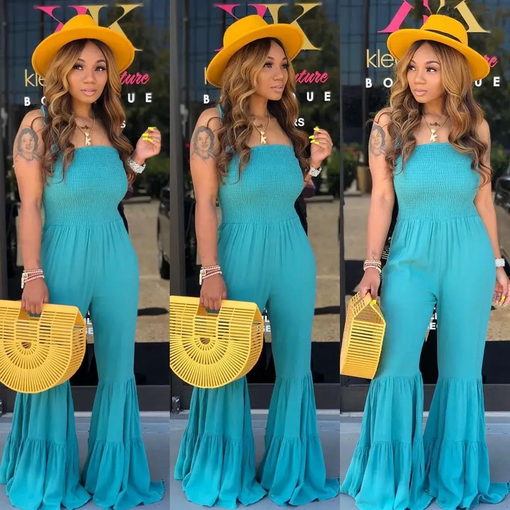 

European and American women's sexy confetti shoulder - off jumpsuit lotus leaf loudspeaker jumpsuit