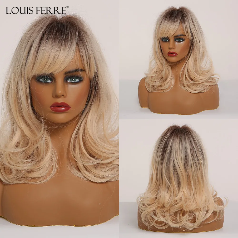 

LOUIS FERRE Ombre Dark Brown Light Blonde Synthetic Wigs With Bangs for Women Medium Wave Cosplay Cute Bob Wig High Temperature