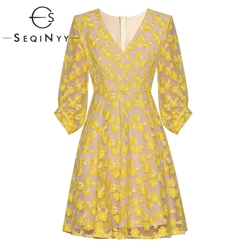 

SEQINYY High Quality Dress 2020 Summer Spring New Fashion Design Women V-neck Embroidery Flowers Mesh A-line Mini Dress