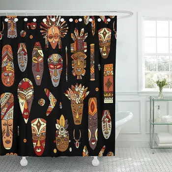 

African Tribal Mask Ethnic Sketch Island Africa Pattern Tattoo Shower Curtain Waterproof Fabric 72 x 72 Inches Set with Hooks