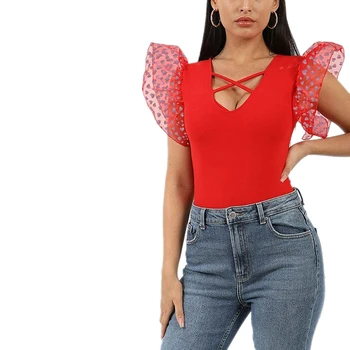 

Summer Women's Love Heart Shape Printed Bodysuit Mesh Ruffle Sleeve Jumpsuit Hollow Out Cross Bandage Slim One Piece Bodysuit