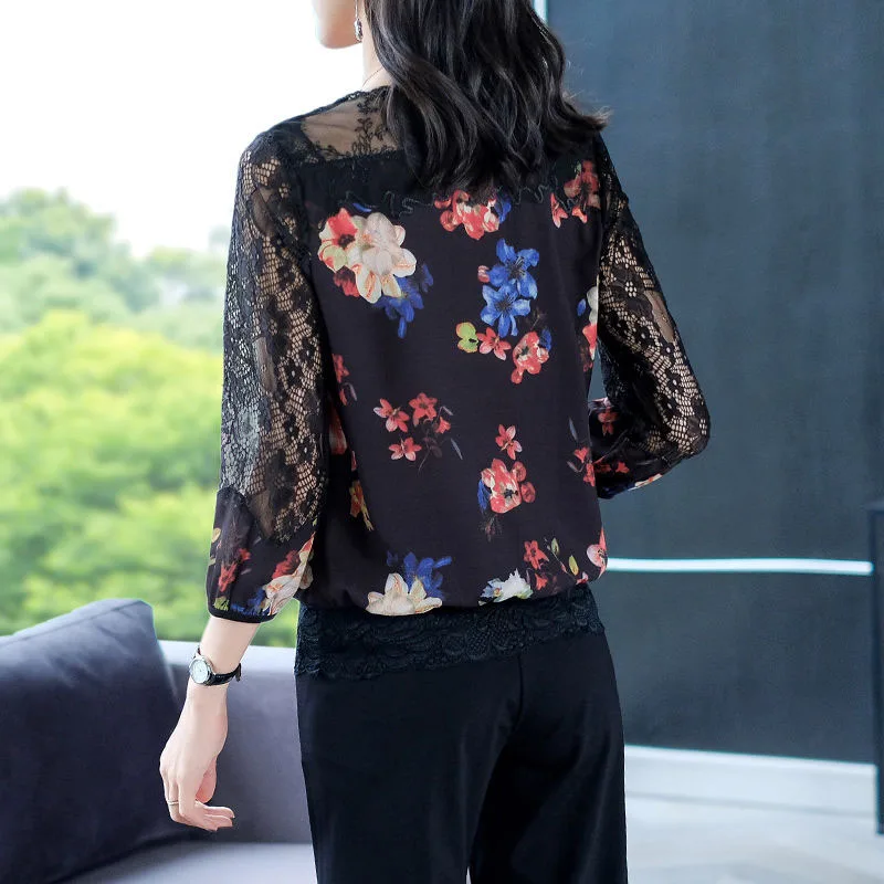  Women Spring Autumn Style Lace Blouses Shirts Lady Casual Long Sleeve Patchwork O-Neck Blusas Tops 