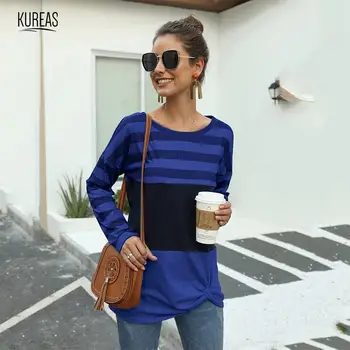 

Kureas Knitted T Shirt Women Fashion Patchwork Knot Tie Long Sleeve T-shirts Casual Baggy O Neck Tops Winter Autumn