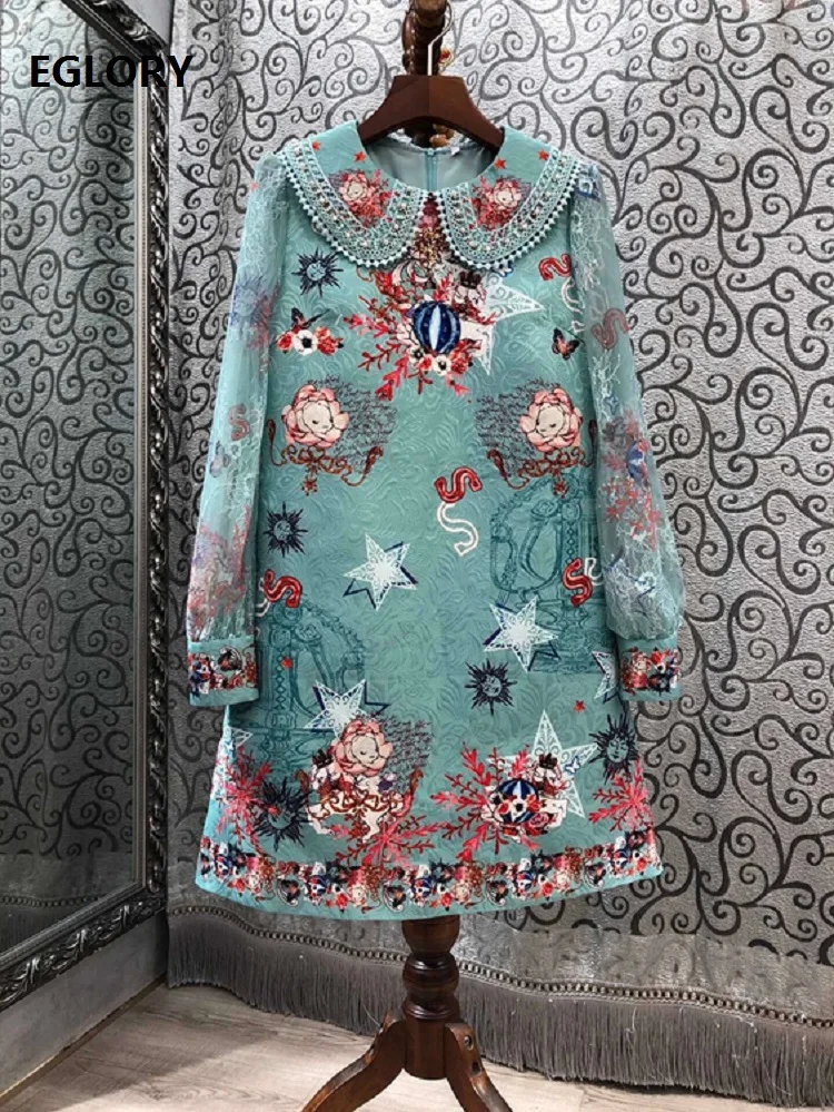 

Vintage Dress 2020 Autumn Winter Style Women Turn-down Collar Retro Jacquard Print Hand Made Beading Long Sleeve Blue Dress XL